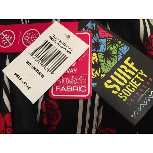 Surf Society mens Swim Trunk size Medium Black Stripe Roses Swim Short 7" inseam - Picture 5 of 9